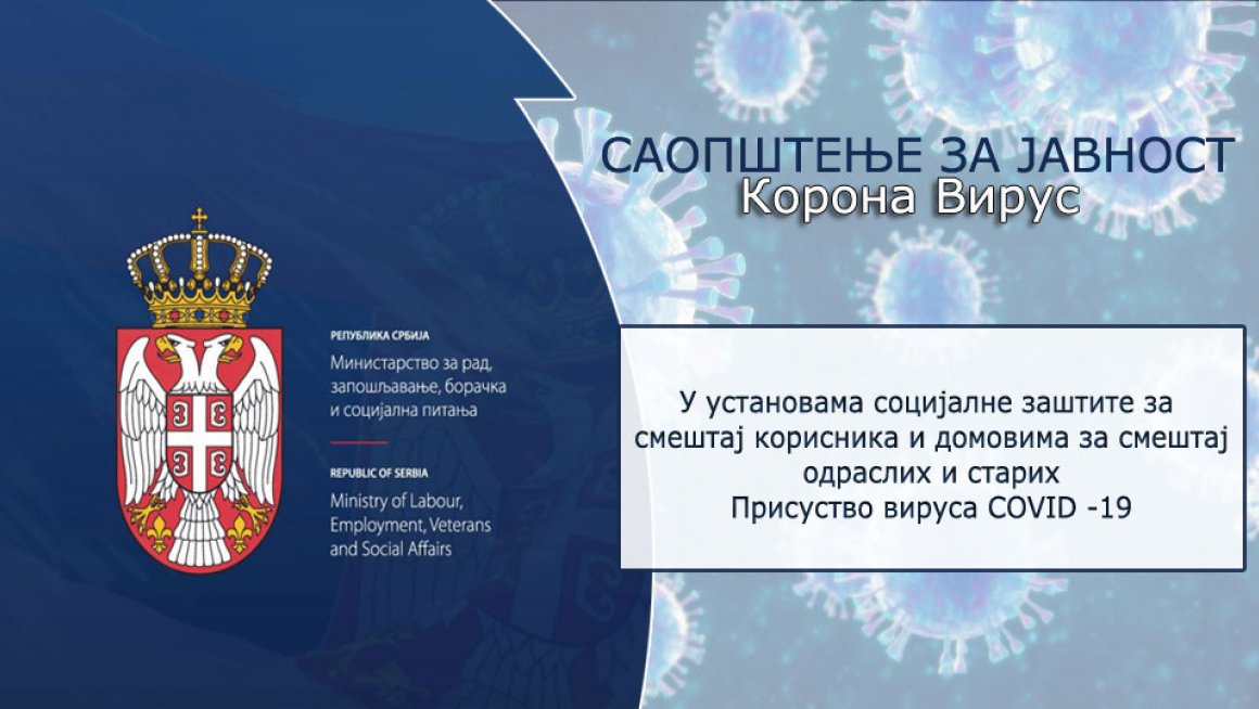 У установама социјалне заштите за смештај корисника и домовима за смештај одраслих и старих заражено 10 корисника и 28 запослених